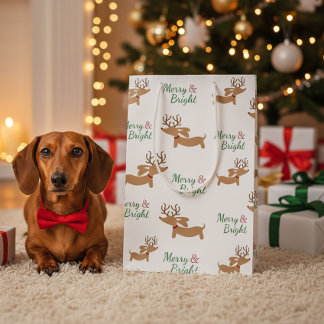 Sacola Para Presentes Média Dachshund Reindeer Feliz de presente de Natal Doxi