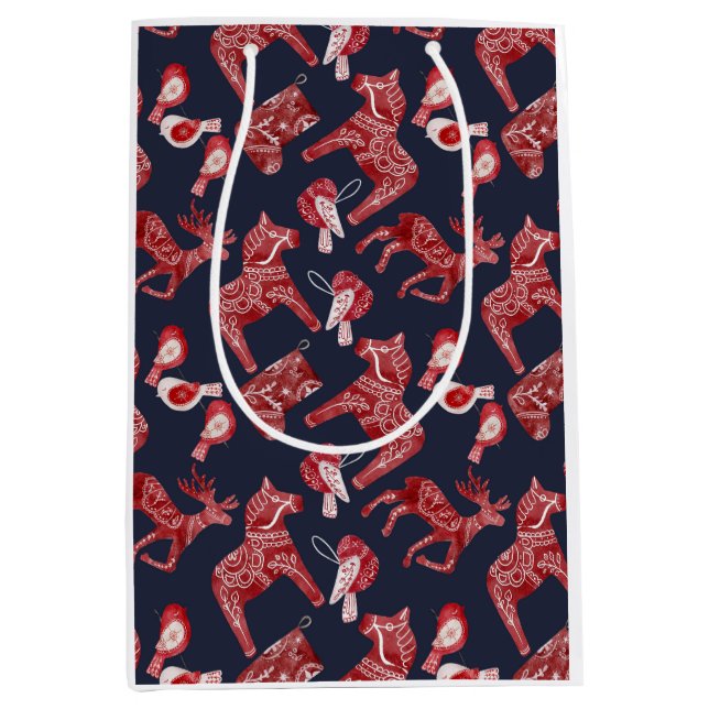 Sacola Para Presentes Média Dala Horse Escandinávia de Aquarela (Frente)