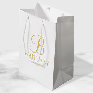 Sacola Para Presentes Média Dama de honra branca e ouro personalizada elegante