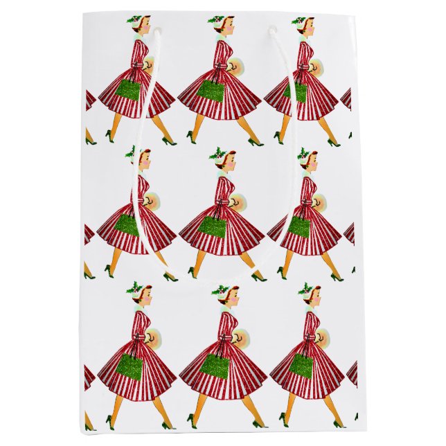 Sacola Para Presentes Média Dama de Natal Vintage de 1950   (Frente)