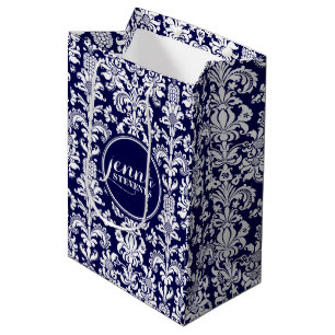 Sacola Para Presentes Média Damáscaras de Vintage Azul Escuro e Branco Monogra