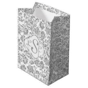 Sacola Para Presentes Média Damascos Florais De Prata Brancos E Metálicos Mono