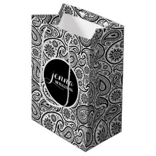Sacola Para Presentes Média Damascos pretos & brancos de paisley do vintage