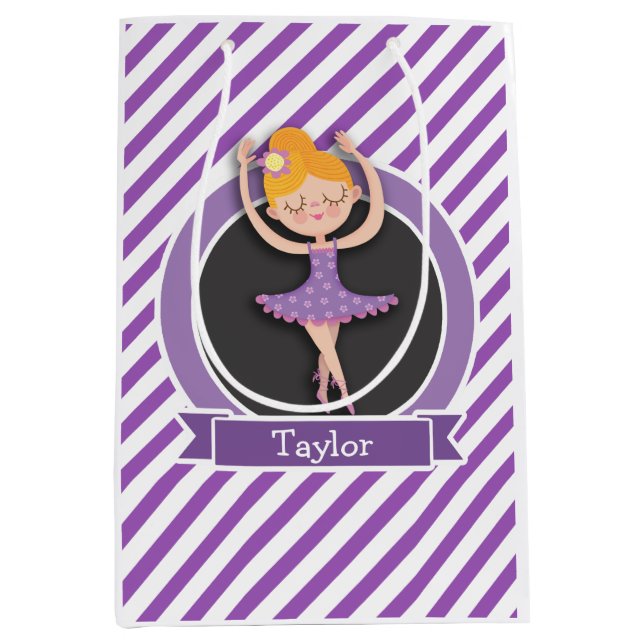 Sacola Para Presentes Média Dançarina Balé; Ballerina; Púrpura e branca (Frente)