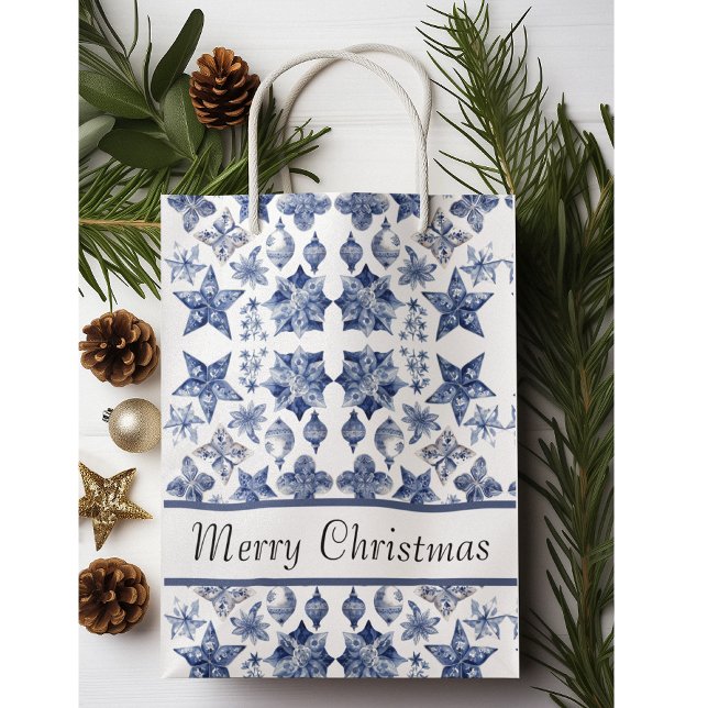 Sacola Para Presentes Média decoração de Natal em Azul Delft personalizável (Criador carregado)