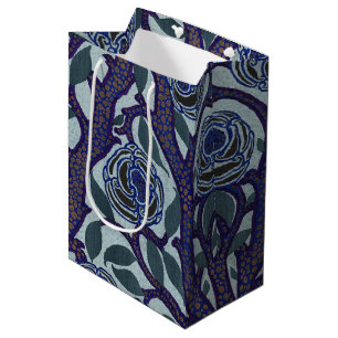 Sacola Para Presentes Média Decoração Floral Rosa Art Déco Azul Real e Dourado