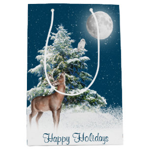 Sacola Para Presentes Média Deer e Snowy Owl em Flocos de Neve