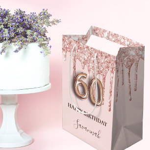 Sacola Para Presentes Média Derrames de brilho rosa dourado do 60º aniversário