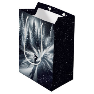 Sacola Para Presentes Média Descida de Natal esquiadora à luz da lua