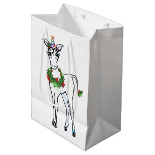 Sacola Para Presentes Média Desenho colorido do Unicórnio festivo de Natal