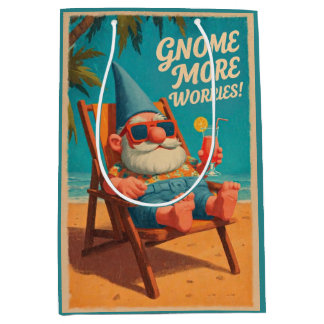 Sacola Para Presentes Média Desenho de Férias na Praia com Gnomo em Estilo Vin