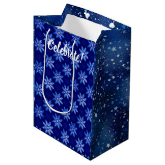 Sacola Para Presentes Média Desenho de Inverno Nevado Azul Brilhante