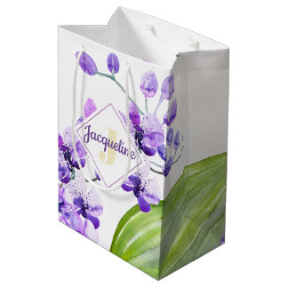Sacola Para Presentes Média desenho de orquídea em aquarela colorida com monog