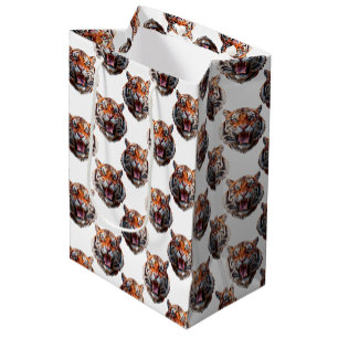 Sacola Para Presentes Média Desenho de padrão de cabeça de tigre - Branco  