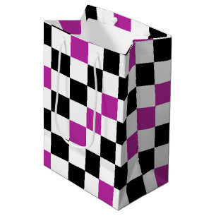 Sacola Para Presentes Média Desenho de padrão xadrez preto roxo branco
