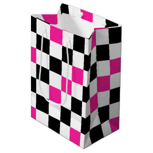 Sacola Para Presentes Média Desenho de padrão xadrez rosa preto e branco