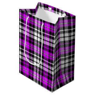 Sacola Para Presentes Média Desenho de padrão xadrez tartan roxo preto branco