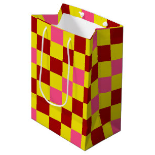 Sacola Para Presentes Média Desenho de padrão xadrez vermelho amarelo rosa