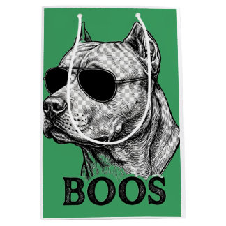 Sacola Para Presentes Média Desenho de tatuagem de Pitbull com óculos de sol B