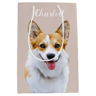 Sacola Para Presentes Média Desenho Personalizado do Cão Galês Corgi
