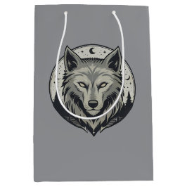 Sacola Para Presentes Média Desenho Vintage Cabeça de Lobo Lua Mística