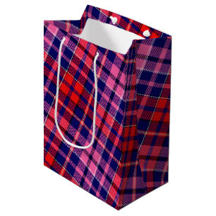 Sacola Para Presentes Média Desenho Xadrez Escocês Azul Marinho Vermelho Rosa