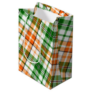 Sacola Para Presentes Média Desenho Xadrez Escocês Laranja Verde Branco