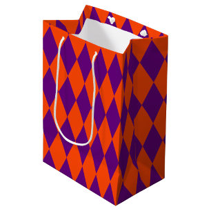Sacola Para Presentes Média Desenho Xadrez Harlequim Laranja e Roxo