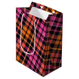 Sacola Para Presentes Média Desenho Xadrez Tartan Preto Rosa Laranja