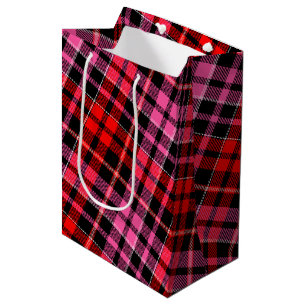 Sacola Para Presentes Média Desenho Xadrez Tartan Preto Vermelho Rosa