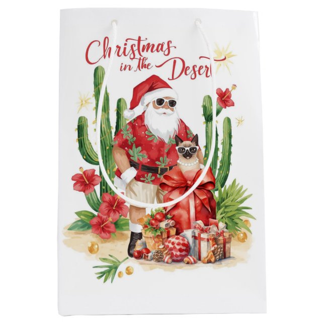 Sacola Para Presentes Média Desert Christmas with Cactus Santa Claus  (Frente)