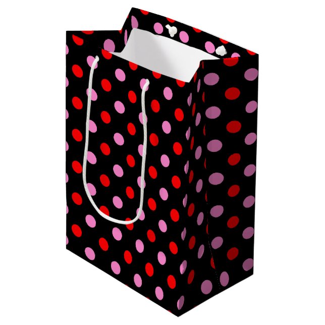 Sacola Para Presentes Média Design de bolinhas vermelhas e rosas em preto (Frente inclinada)