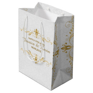 Sacola Para Presentes Média Design de Casamento Floral Dourado e Branco