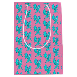 Sacola Para Presentes Média Design de Criatura Mítica Dragão Rosa de Fantasia