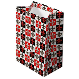 Sacola Para Presentes Média Design de Fleur-de-lis, branco-preto-vermelho