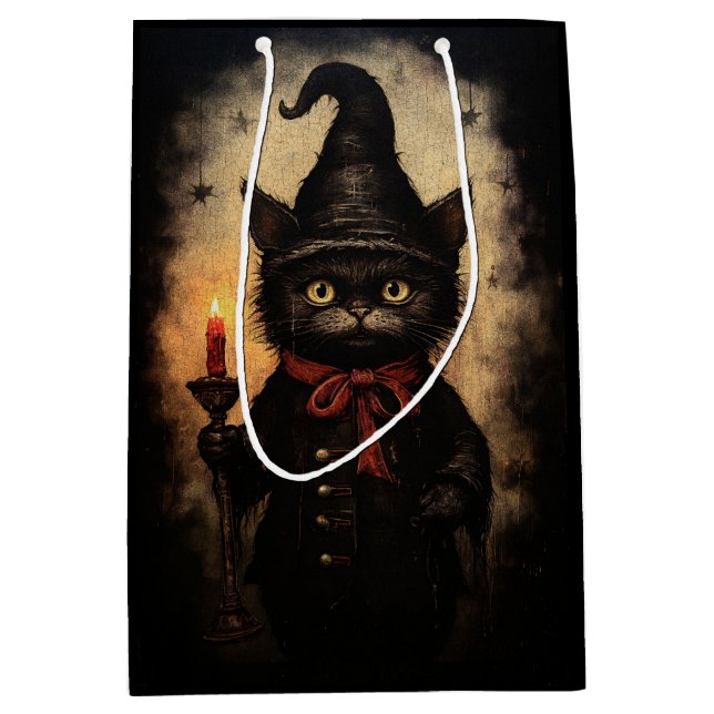 Sacola Para Presentes Média Design de Gato Negro Escuro para o Halloween, Góti (Frente)