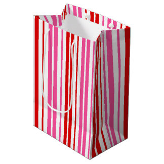 Sacola Para Presentes Média Design de Listras Verticais Rosa Branco Vermelho