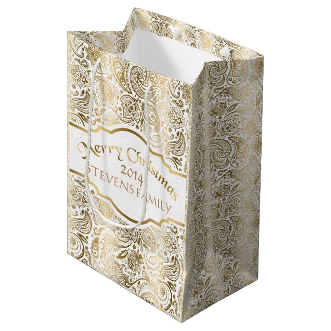 Sacola Para Presentes Média Design de Natal de Paisley Floral Branco e Dourado (Frente inclinada)