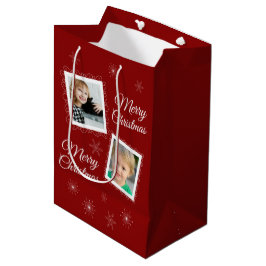 Sacola Para Presentes Média Design de Natal Personalizado 2 Fotos em Vermelho