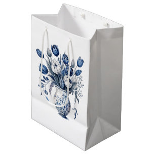Sacola Para Presentes Média Design de tulipa do estilo Delft azul e branco