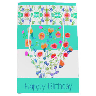 Sacola Para Presentes Média Design Floral com Teal