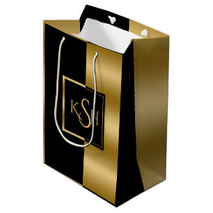 Sacola Para Presentes Média Design Geométrico Dourado e Preto Moderno