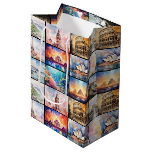 Sacola Para Presentes Média Destinos de Viagem mundial em aquarela