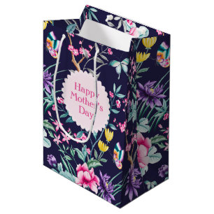 Sacola Para Presentes Média Dia das mães floral chique dos azuis marinhos do