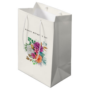 Sacola Para Presentes Média Dia de as mães de Buquê rosa, laranja e rosas bran