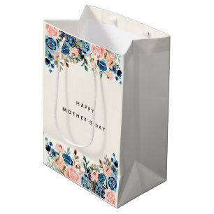 Sacola Para Presentes Média Dia de as mães de Flores de Cores d'Água Rosa e Az
