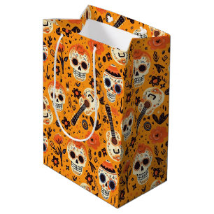Sacola Para Presentes Média Dia de Muertos, guitarras e crânios de açúcar lara