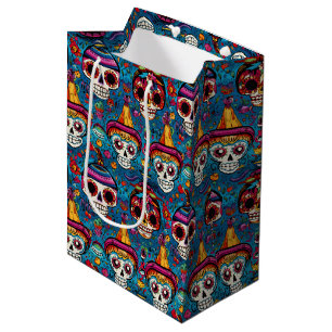 Sacola Para Presentes Média Dia de Muertos, padrão de crânios de açúcar azul