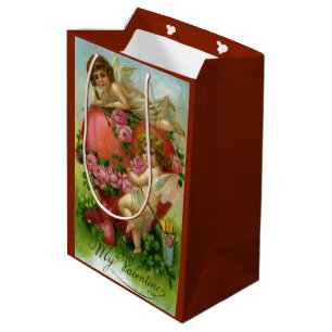 Sacola Para Presentes Média Dia dos Namorados Vitoriano Anjos Coração Rosa