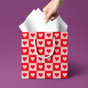 Sacola Para Presentes Média Dia dos Namorados Xadrez Corações Rosa e Vermelho